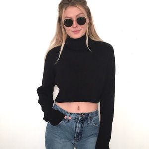 Black Ribbed Cropped Turtleneck Sweater